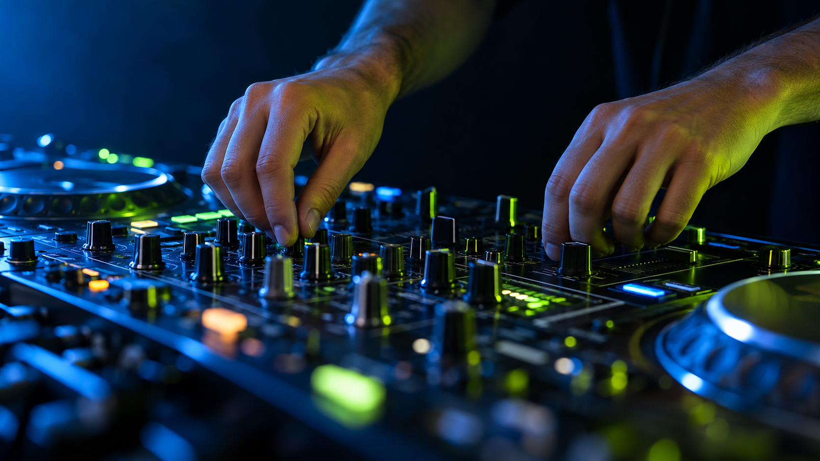 DJ mixing music on a deck under colorful event lighting